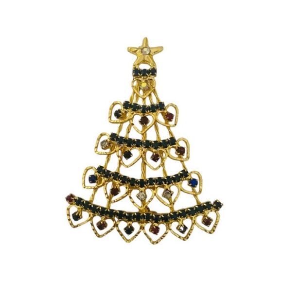 Vintage Colorful Gold Tone Christmas Tree Brooch Pin - Picture 2 of 3